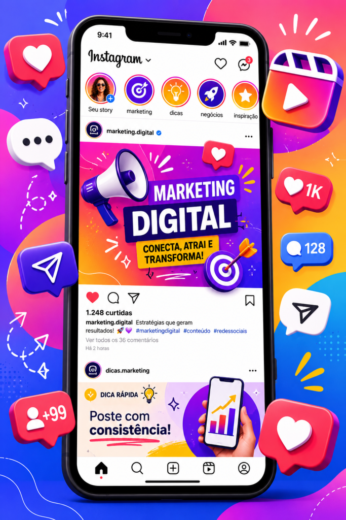 algoritmo do Instagram mostrando posts no feed com ícones de curtidas e comentários