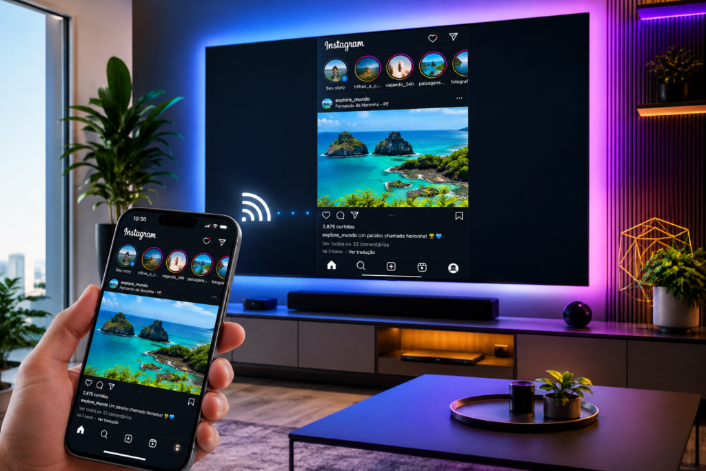 versão para TV do Instagram exibindo conteudo em tela grande com smartphone conectado