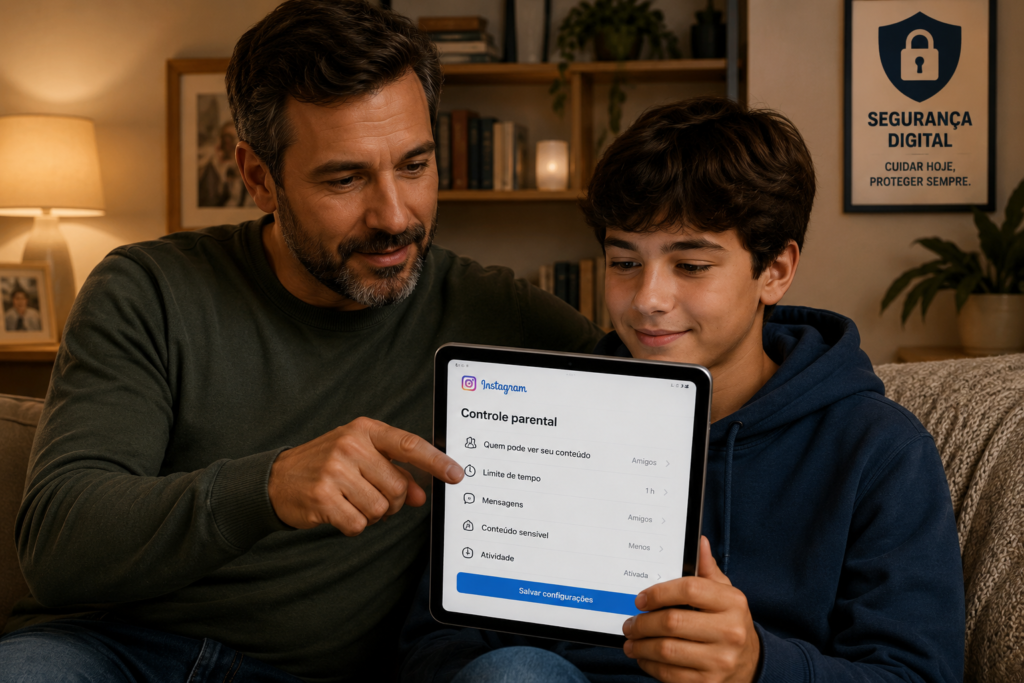 pai mostrando para filho a limitação de conteúdos sensíveis para jovens no Instagram
