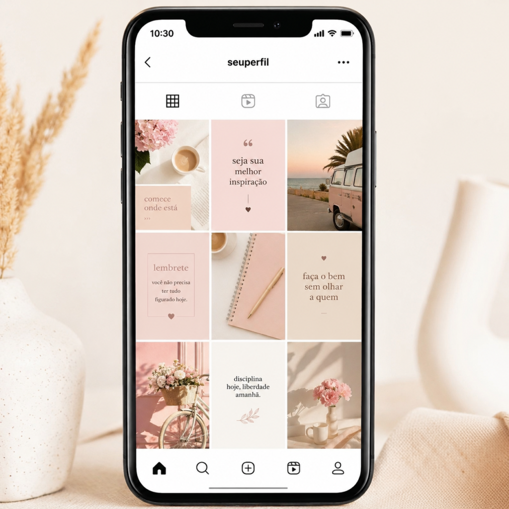 feed organizado e atrativo com grid em tons pastel e identidade visual consistente