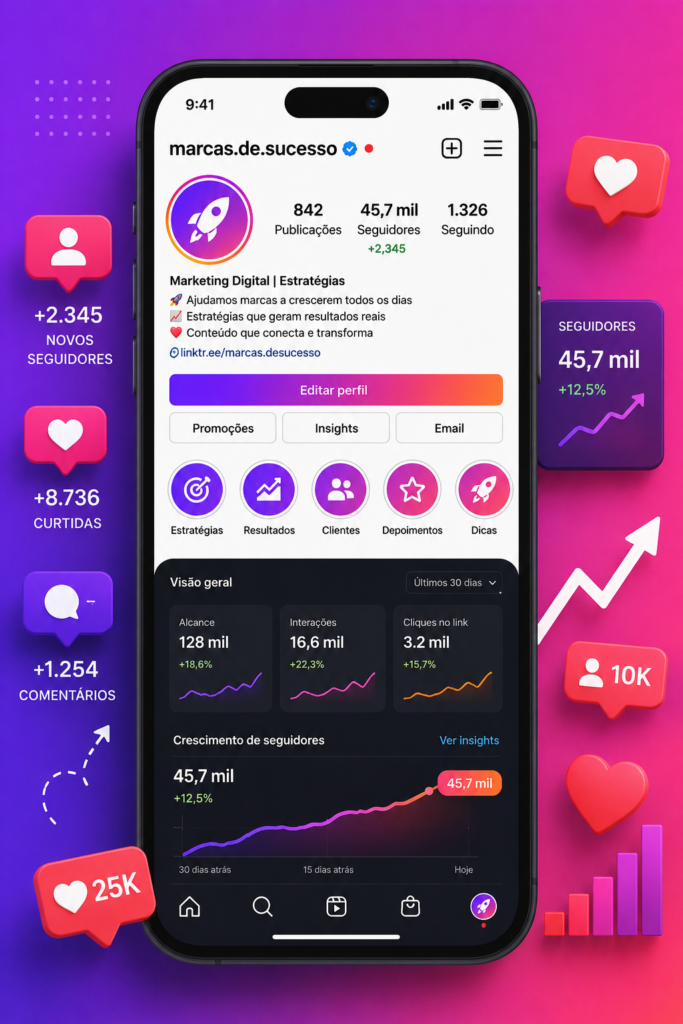 Instagram Pro Max aplicado em um perfil de Instagram com crescimento de seguidores