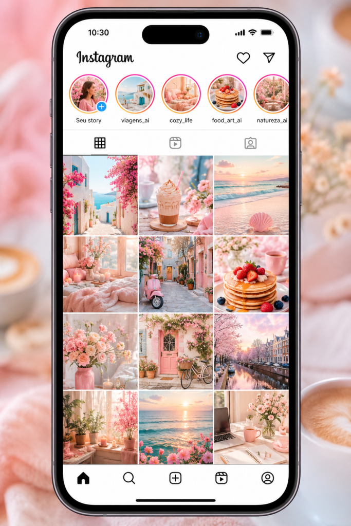 Fotos com IA no Instagram exibidas em um feed moderno e colorido