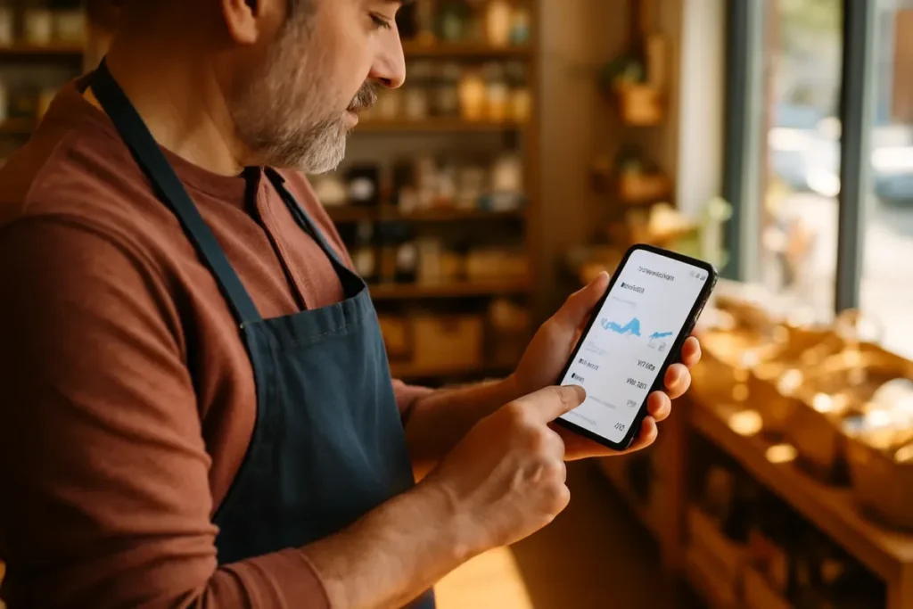 Empreendedor analisando resultados de marketing regional nas redes sociais pelo celular