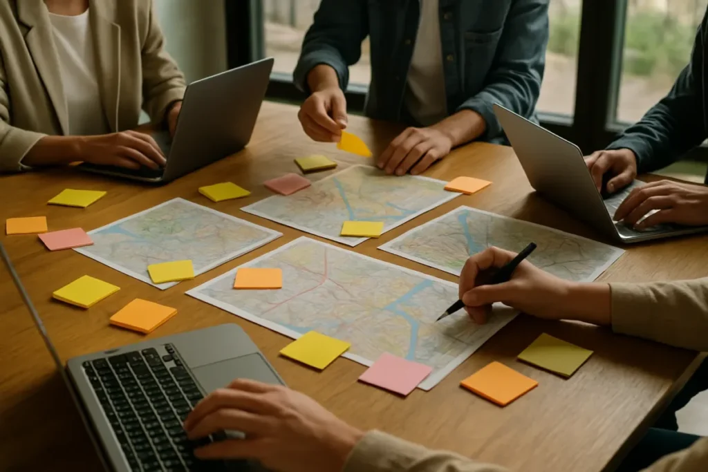 Equipe planejando campanha de marketing local com mapas e notebooks