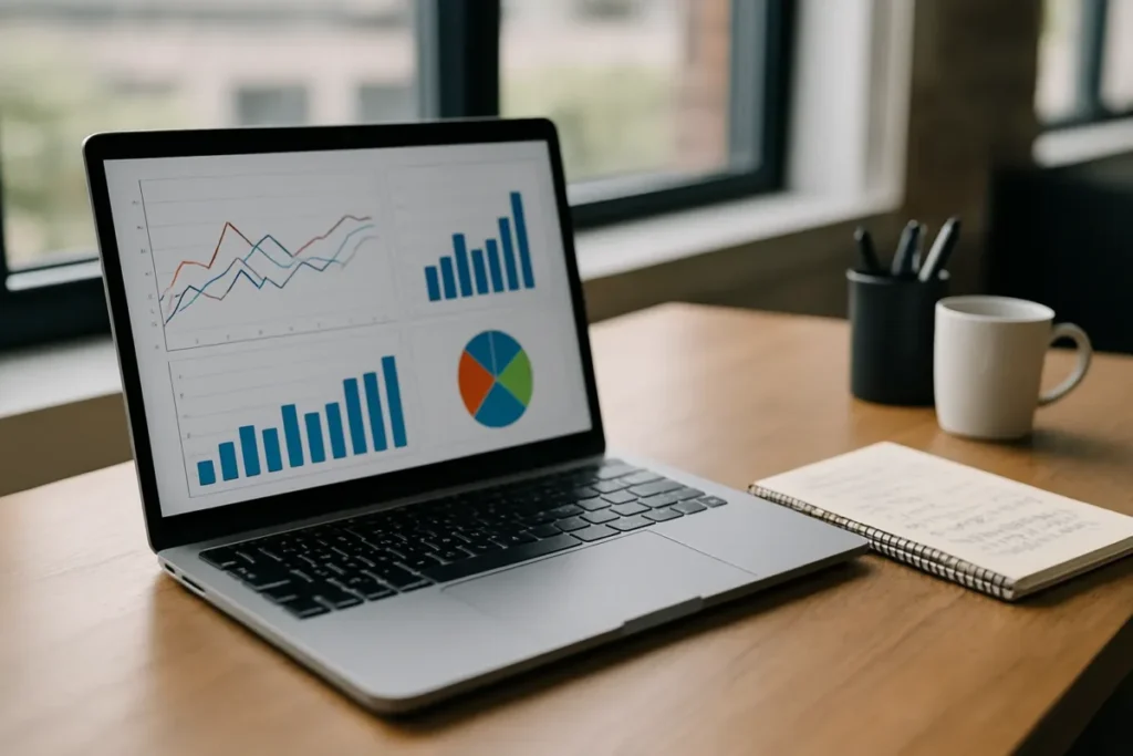 Mesa de escritório com laptop e anotações representando pesquisa para marketing B2B no Instagram