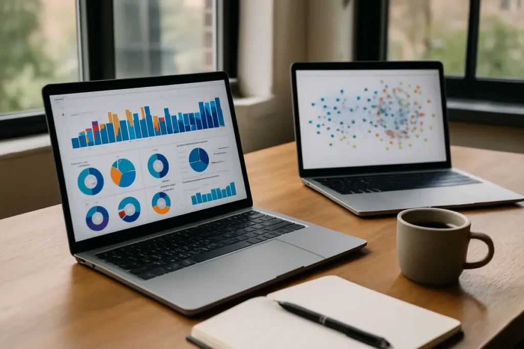Mesa de trabalho com painéis de análise ilustrando o uso de provedores de proxy em marketing digital