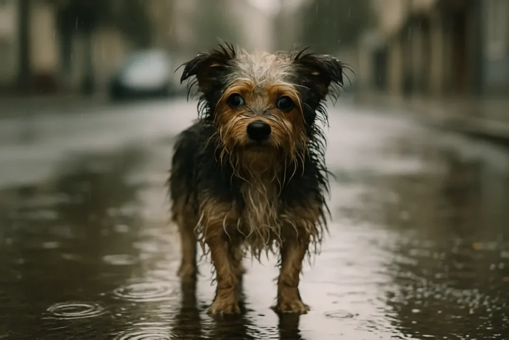 Cachorro com pelo molhado em poça d'água em dia de chuva