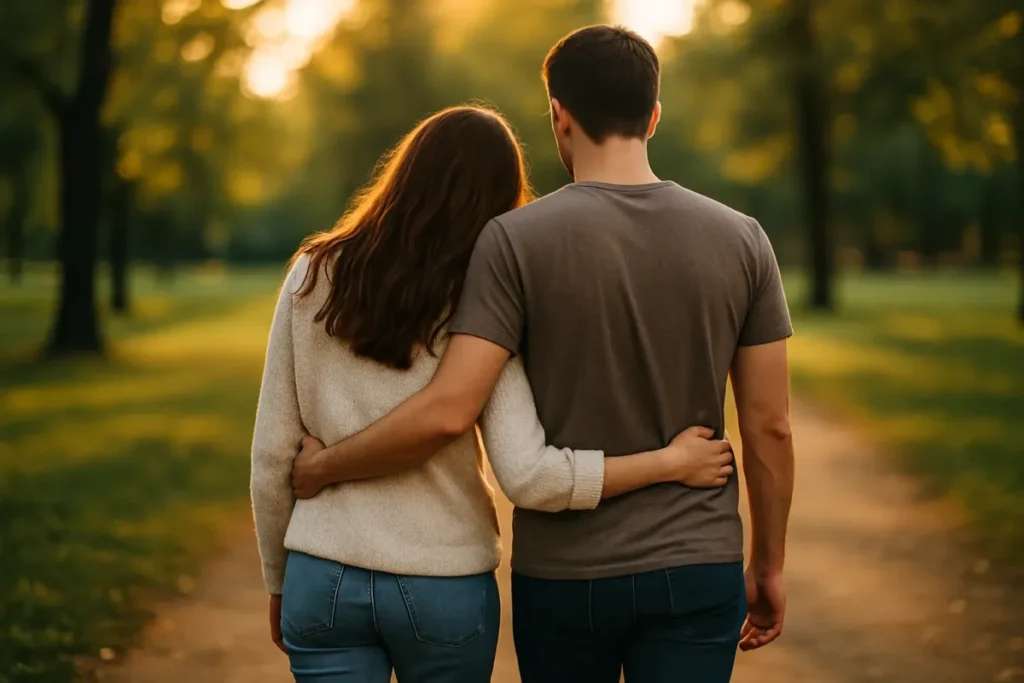 Casal caminhando em parque, tema de legendas de casal para foto de perfil