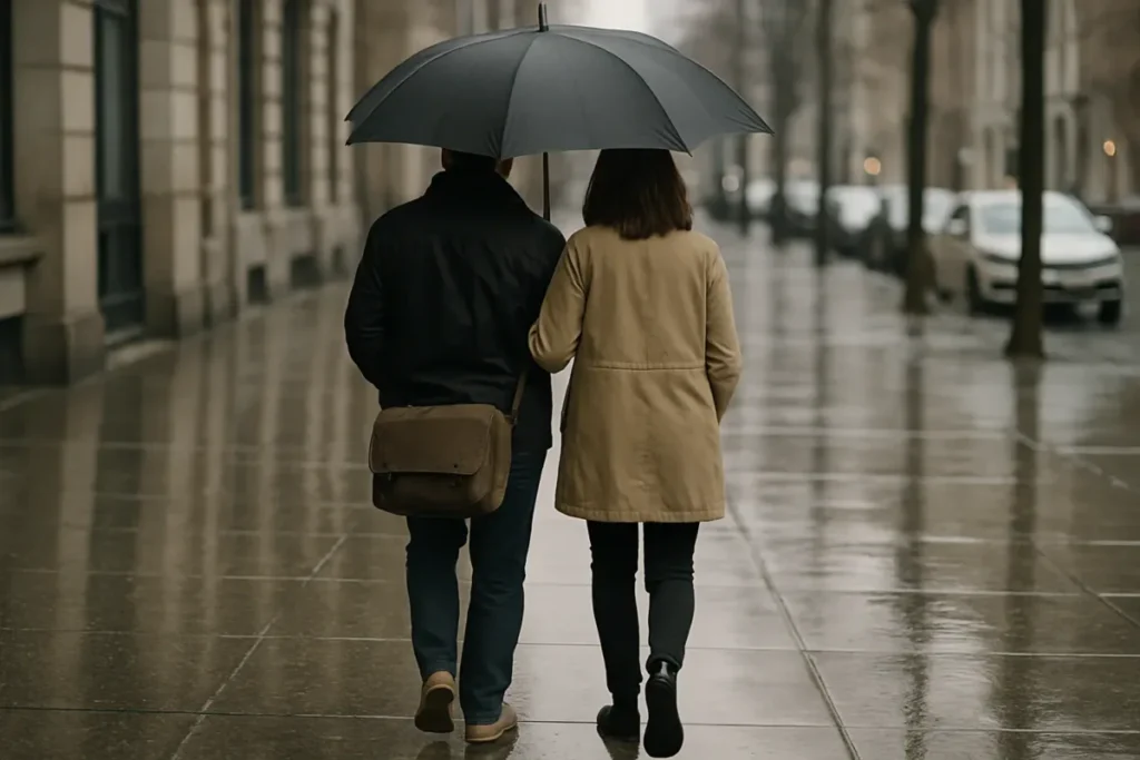 Casal dividindo guarda-chuva em dia chuvoso na cidade