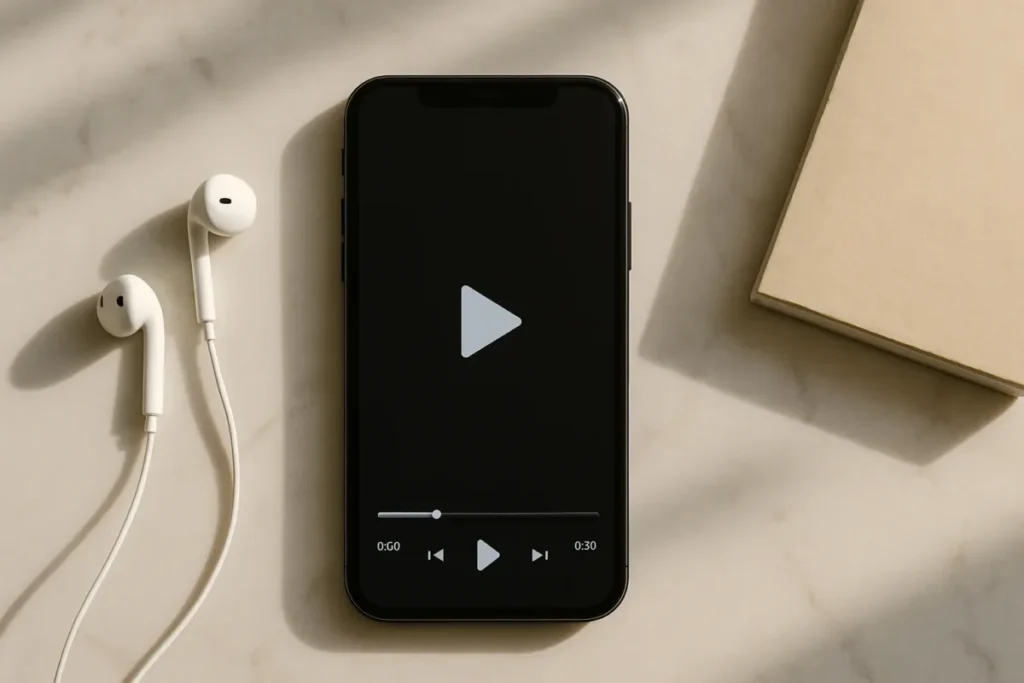 Celular com player de vídeo vertical aberto ao lado de fones e caderno