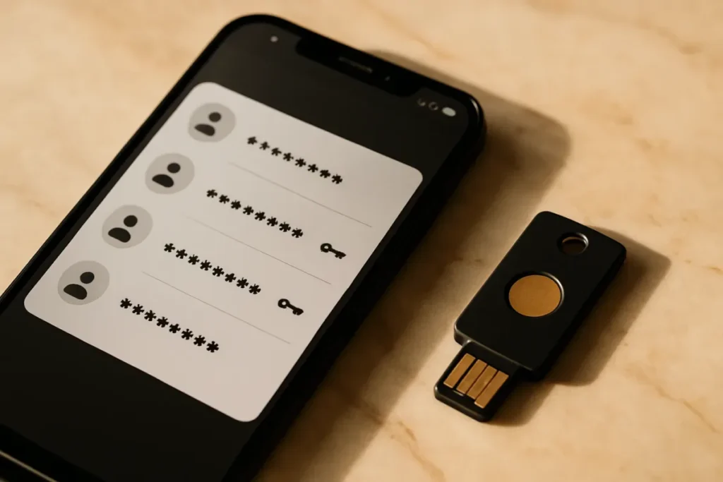 Celular e chave de segurança representando senha forte e proteção da conta