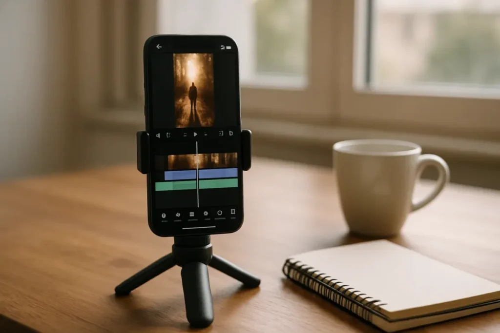 Celular em tripé usado para editar reels automaticamente em um editor de vídeo vertical