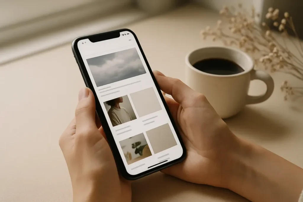 Celular exibindo feed minimalista para uso de legendas de uma palavra no Instagram