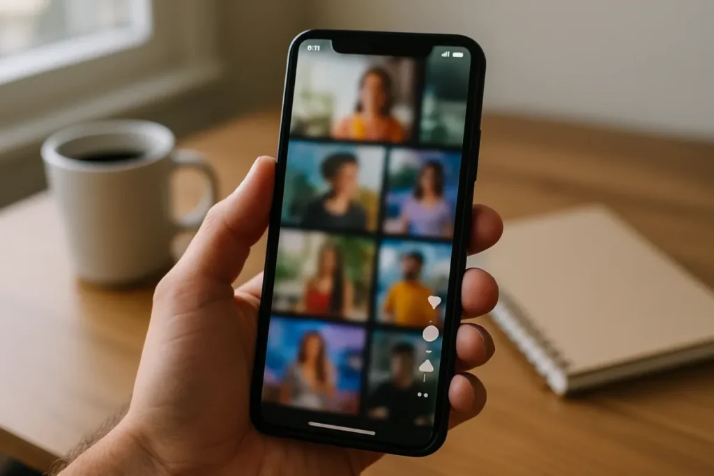 Celular exibindo stories antigos em um aplicativo de rede social sobre mesa de madeira