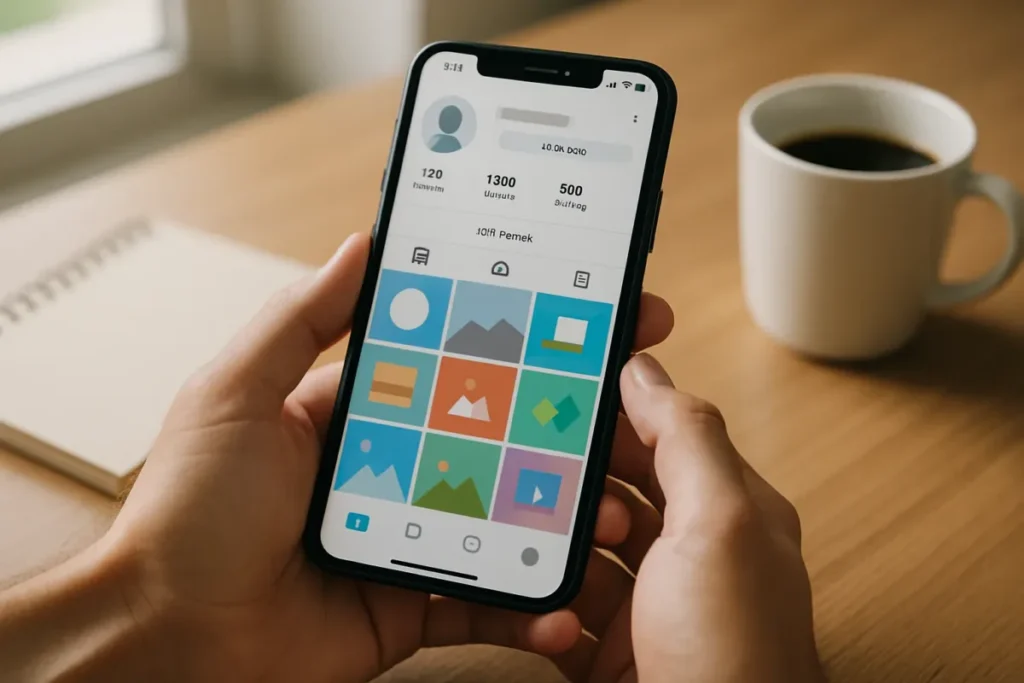 Celular exibindo um perfil atraente no Instagram com feed organizado
