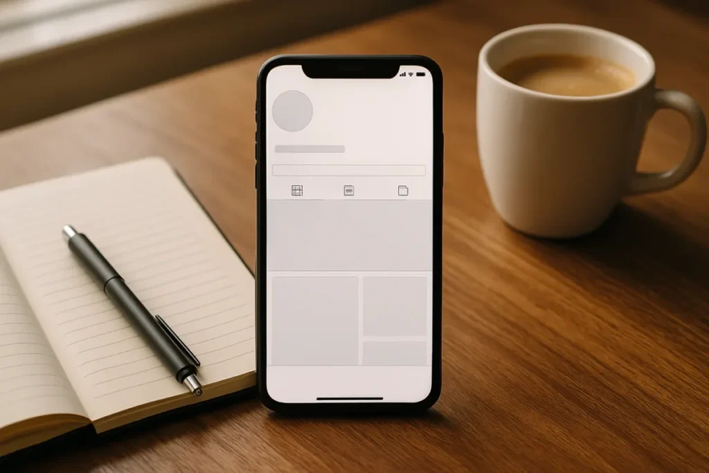 Celular sobre a mesa com perfil de rede social aberto para atualizar a legenda