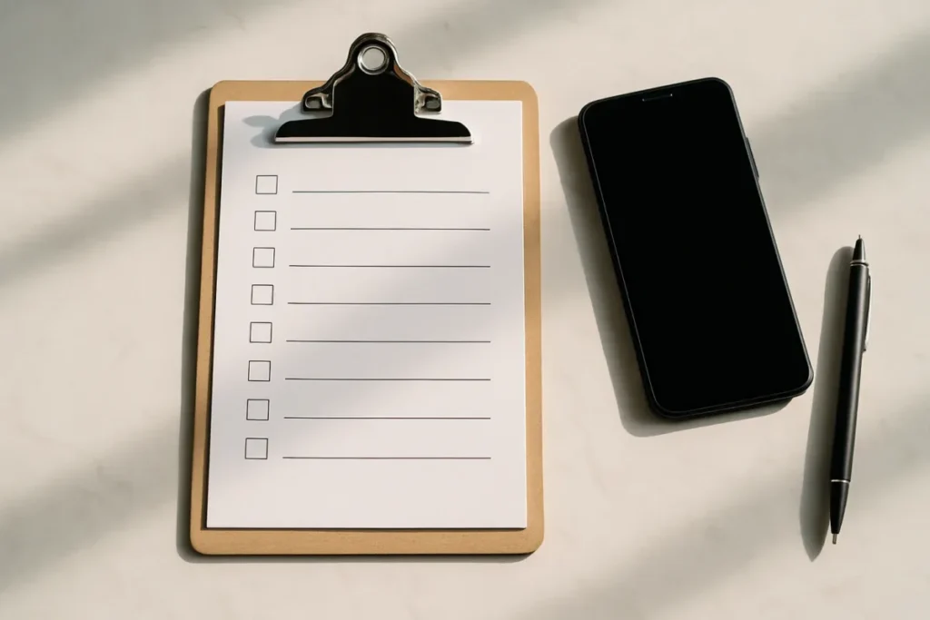 Checklist impresso ao lado de celular para otimizar o perfil do Instagram