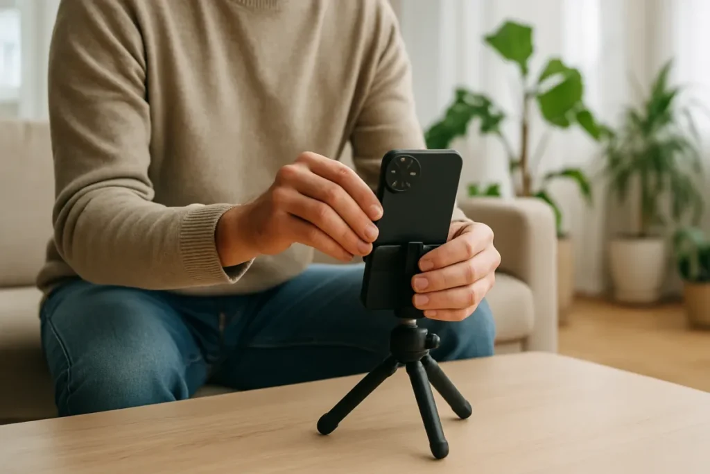 Criador de conteúdo preparando gravação e avaliando o engajamento no Instagram