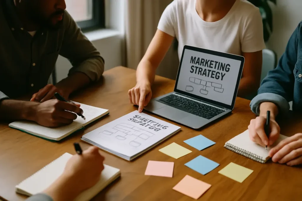 Equipe de empresa planejando uma estratégia de marketing em reunião