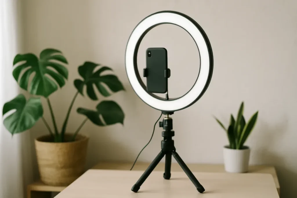 Estúdio caseiro com ring light e tripé para gravar conteúdo e vídeos curtos