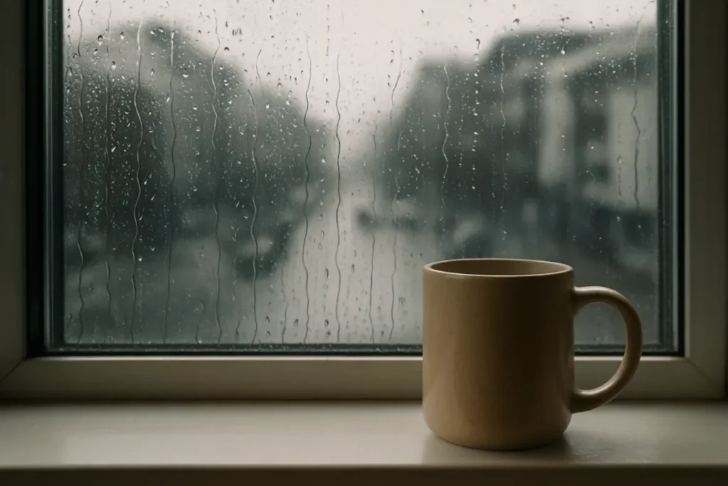 Janela com gotas de chuva, cenário ideal para legendas para dias de chuva