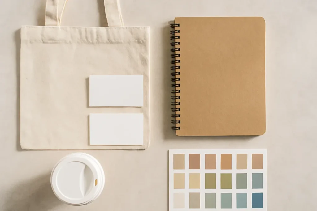 Kit de marca com cartões, caderno e amostras de cores para pequena empresa