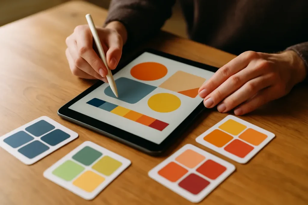 Mãos editando cores e formas de um logotipo em tablet