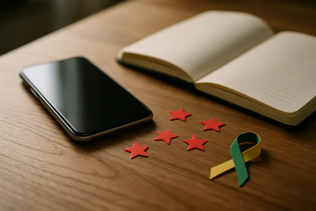 Mesa com celular e estrelas vermelhas de papel representando tendência do Instagram