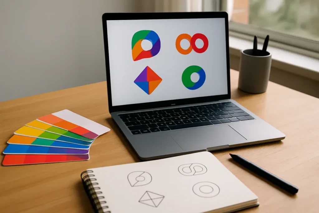 Mesa de trabalho com notebook exibindo formas criadas por geradores de logo com IA