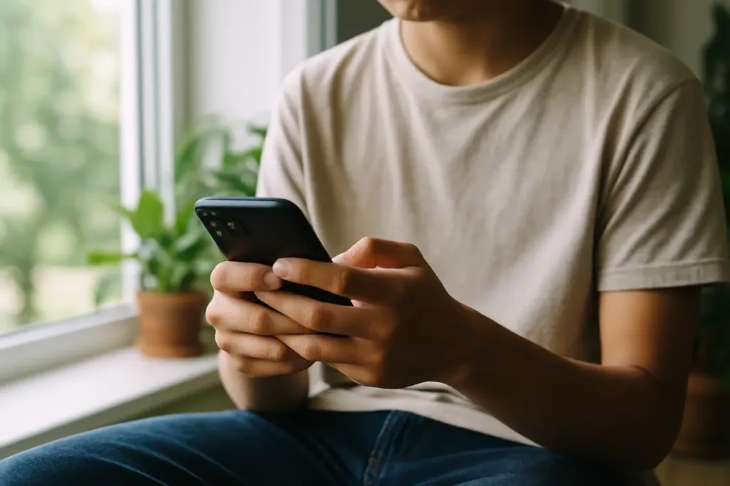 Pessoa navegando no celular para rever conteúdo de stories expirados