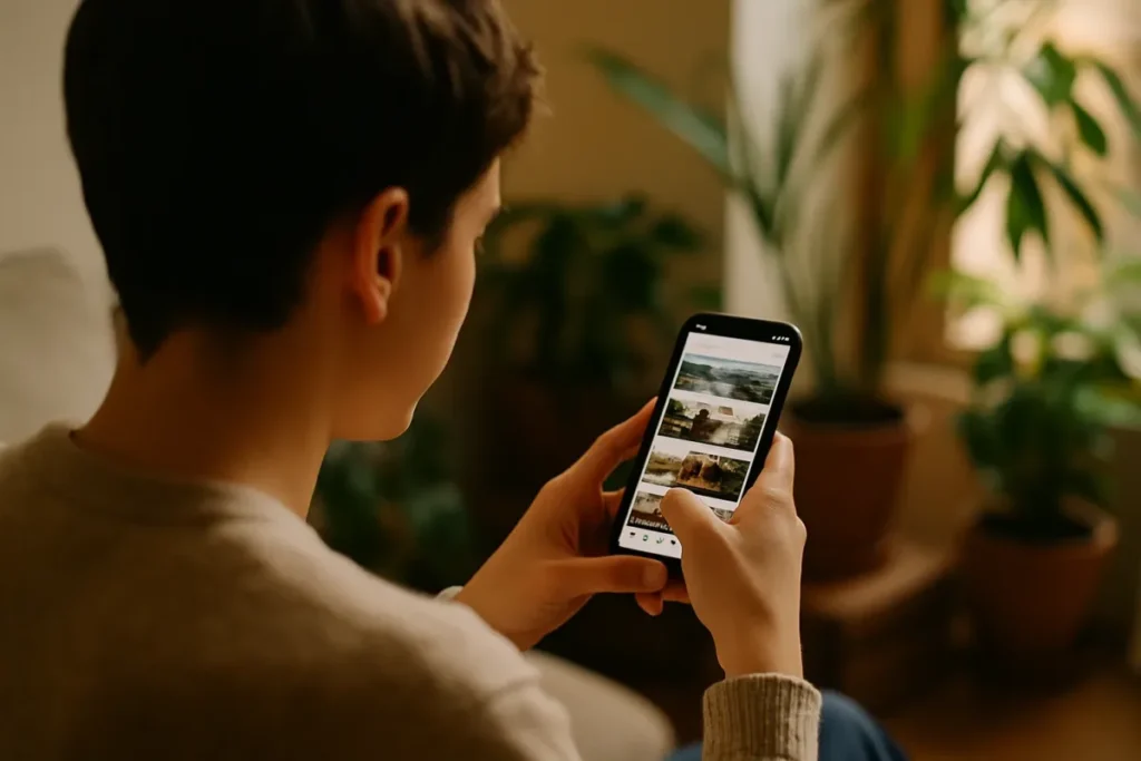 Pessoa navegando no feed do Instagram e observando tendências de emoji