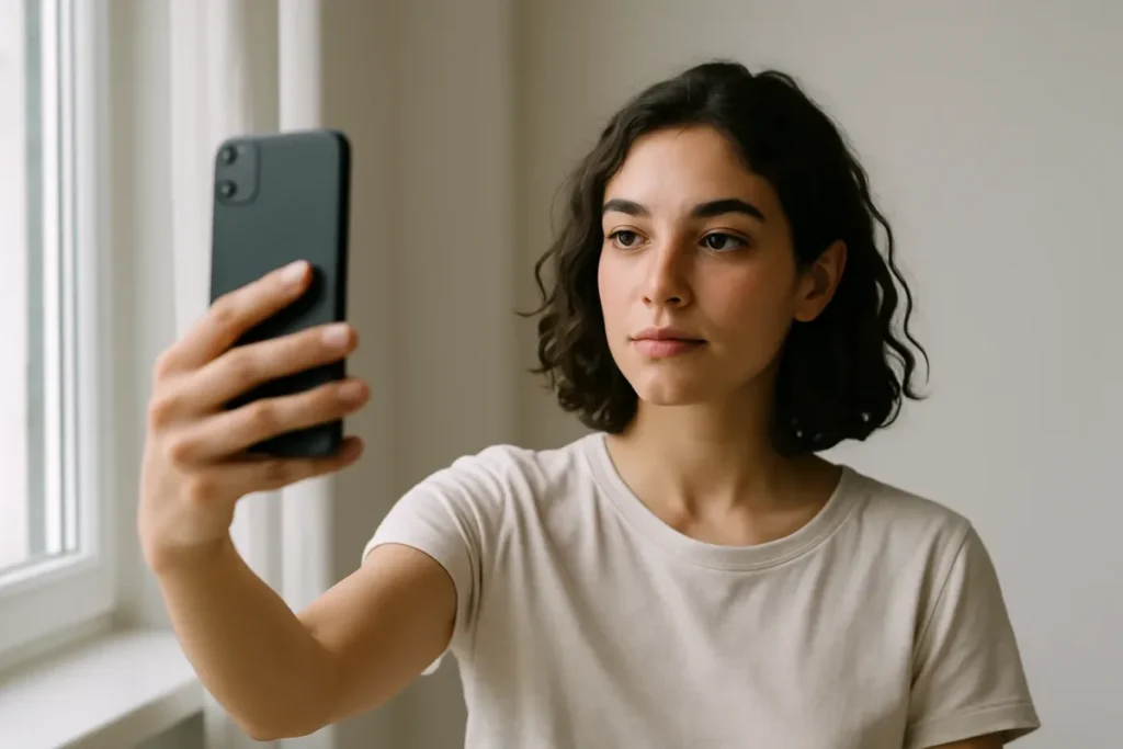 Pessoa tirando selfie para escolher legendas para foto de perfil