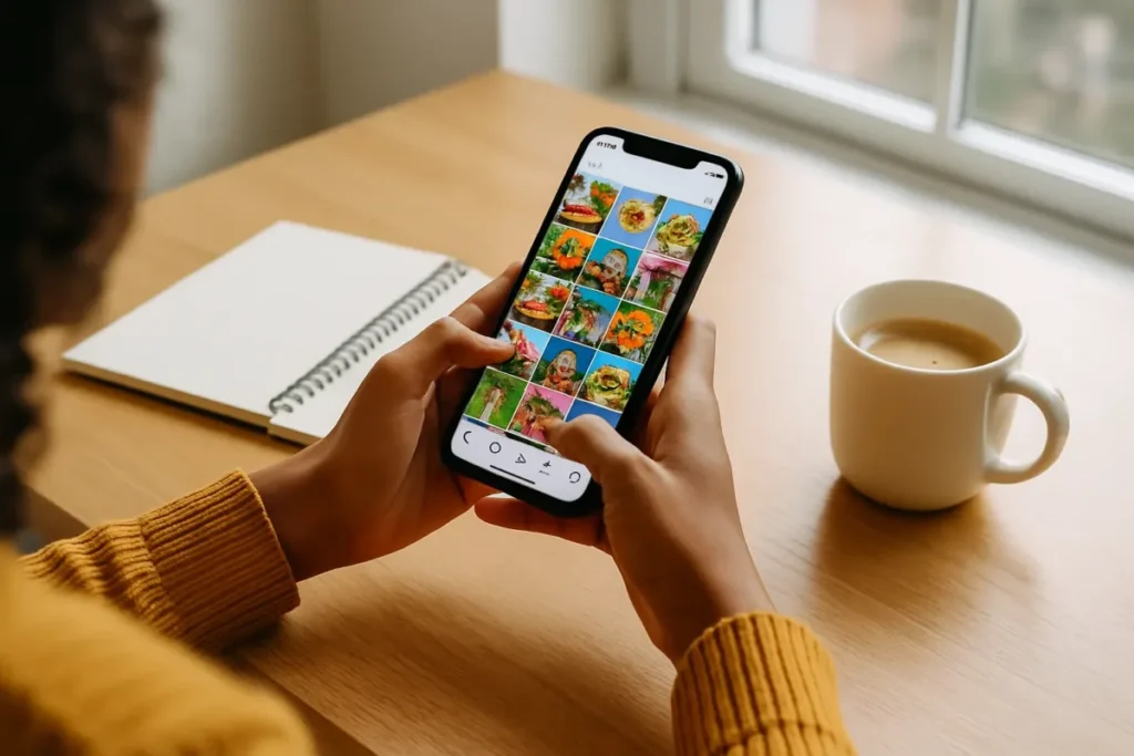 Pessoa usando celular com feed de rede social para aumentar engajamento no Instagram