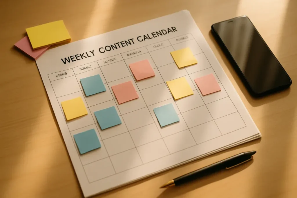 Planner de calendário de conteúdo com post-its para organizar publicações semanais