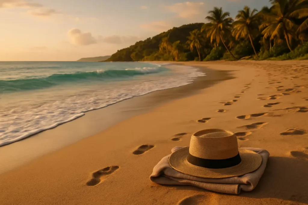 Praia tropical ao pôr do sol ideal para legendas curtas de verão