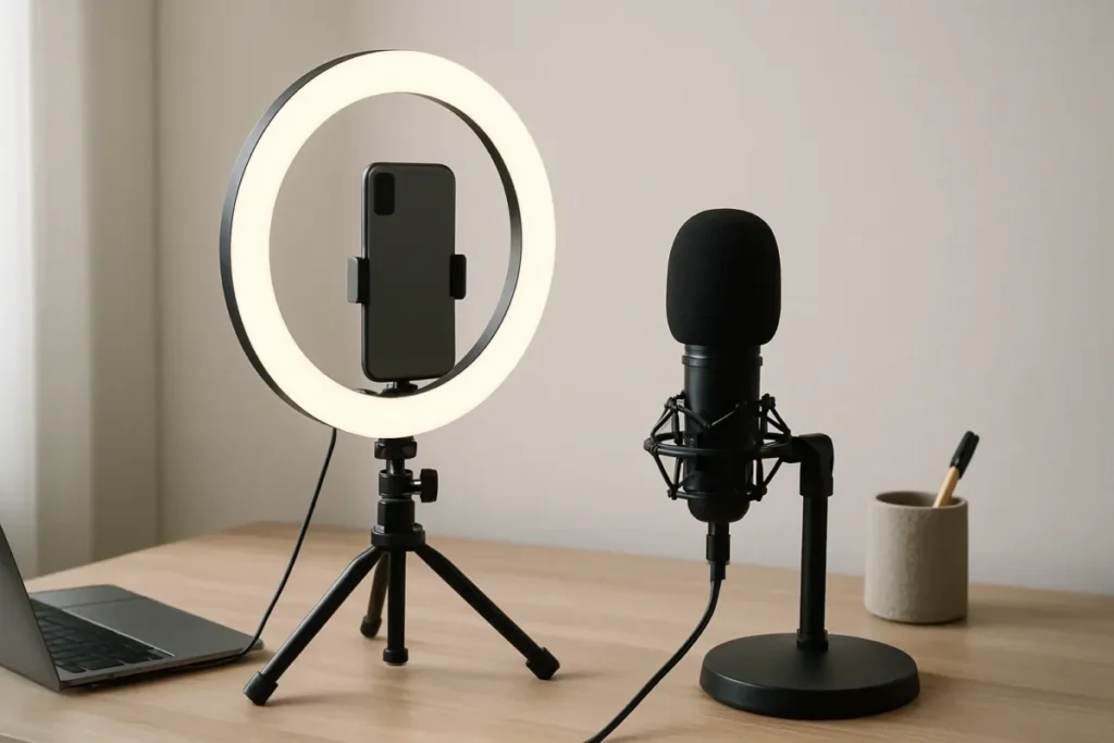 Setup de gravação com ring light e microfone para produzir reels