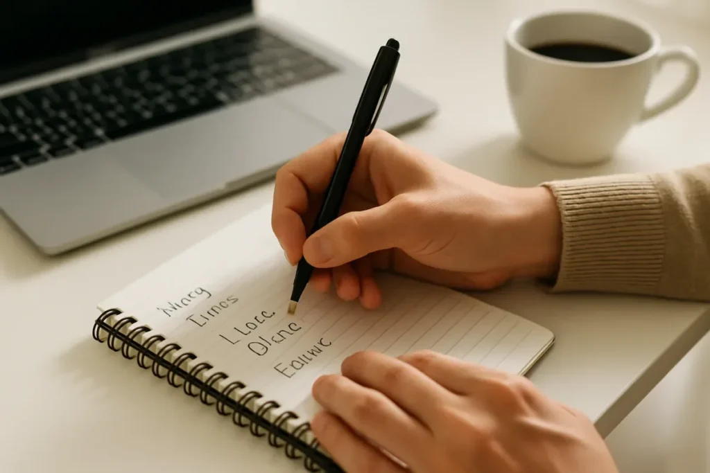 Anotações em caderno para escolher variações de nome de usuário