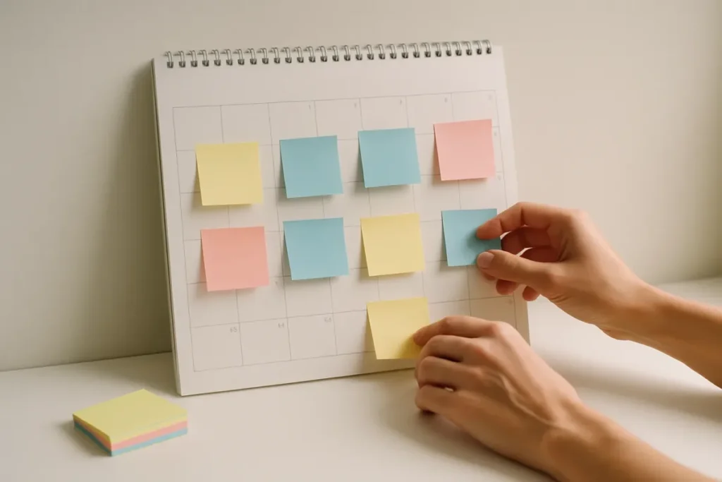 Calendário editorial com post-its para planejamento de conteúdo no Instagram