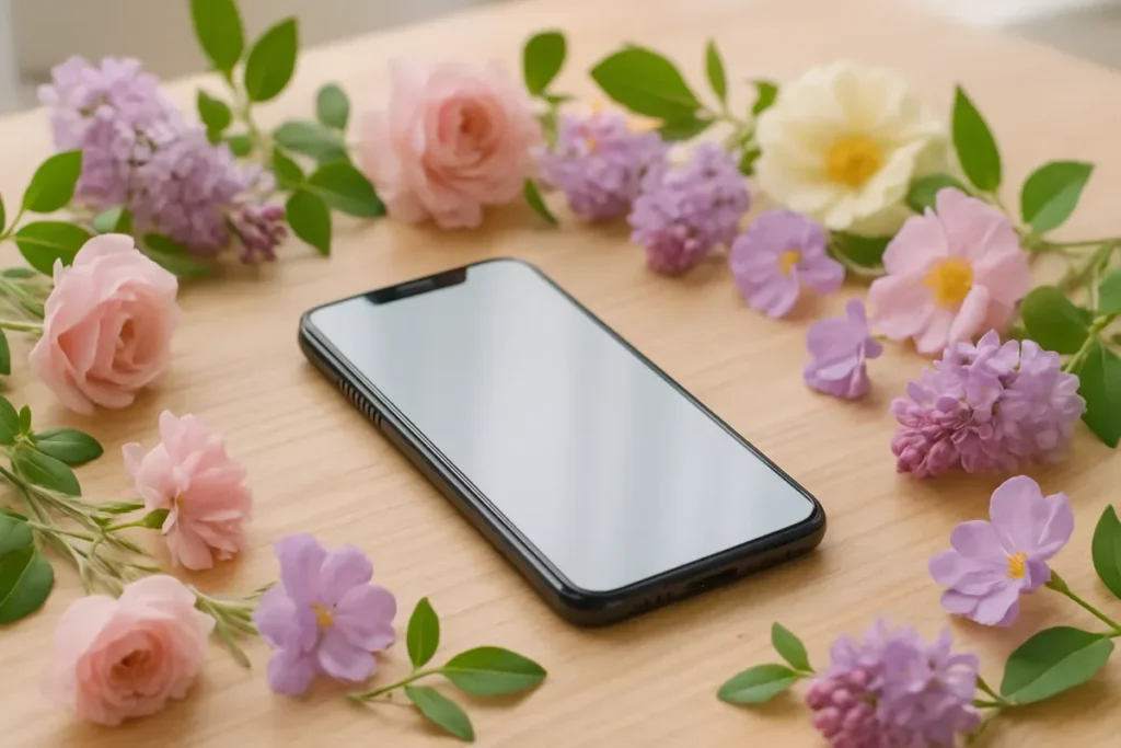 Celular cercado de flores representando ideias de postagens para a primavera