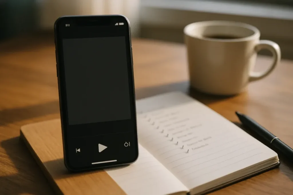 Celular e caderno de planejamento de conteúdo para Reels e Stories