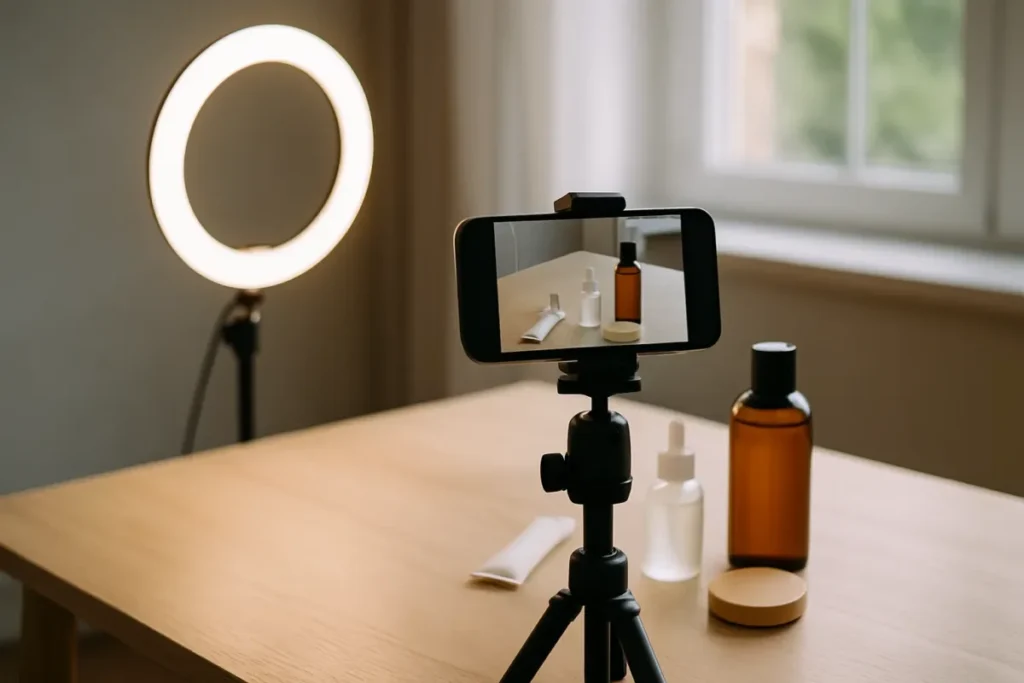 Celular em tripé gravando Reels para conteúdo criado com inteligência artificial