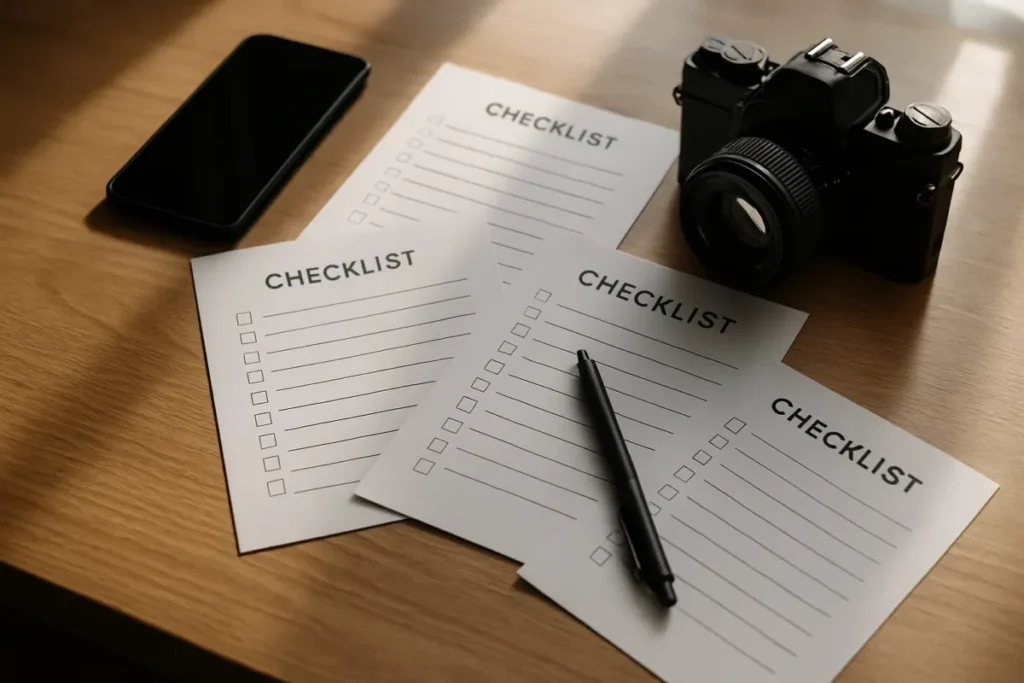 Checklist impresso de revisão de privacidade no Instagram sobre mesa de trabalho