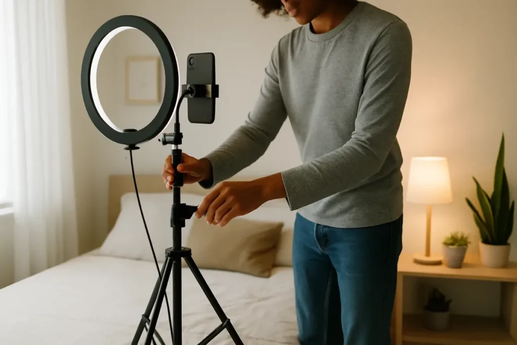 Criador de conteúdo jovem montando equipamento para gravar Reels
