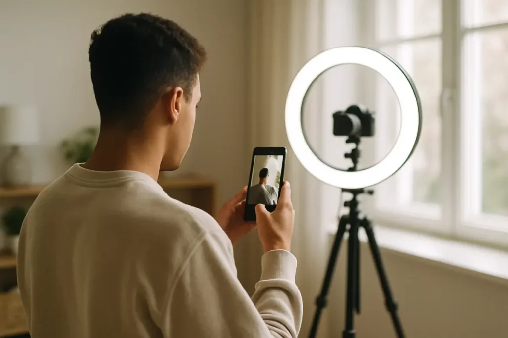 Criador de conteúdo revisando configurações de privacidade no Instagram no celular
