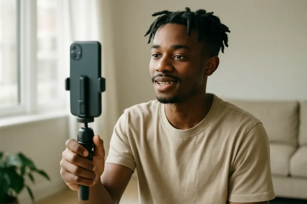 Criador gravando reels que chamam atenção com celular em tripé e luz natural