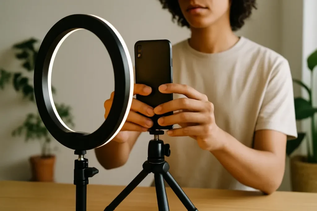 Criador gravando vídeo vertical com celular, ilustrando a diferença entre Reels e Stories