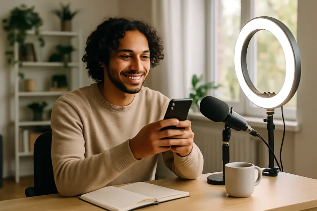 Criador usando o celular para configurar assinaturas para Instagram em um estúdio caseiro