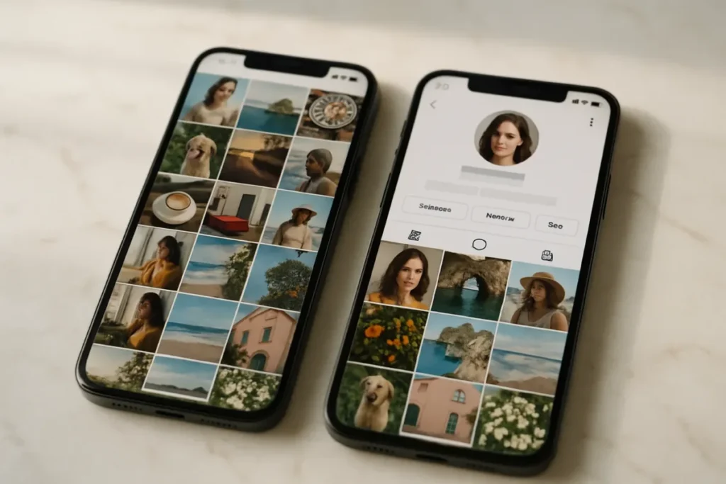 Dois celulares comparando métodos de visualização anônima de stories