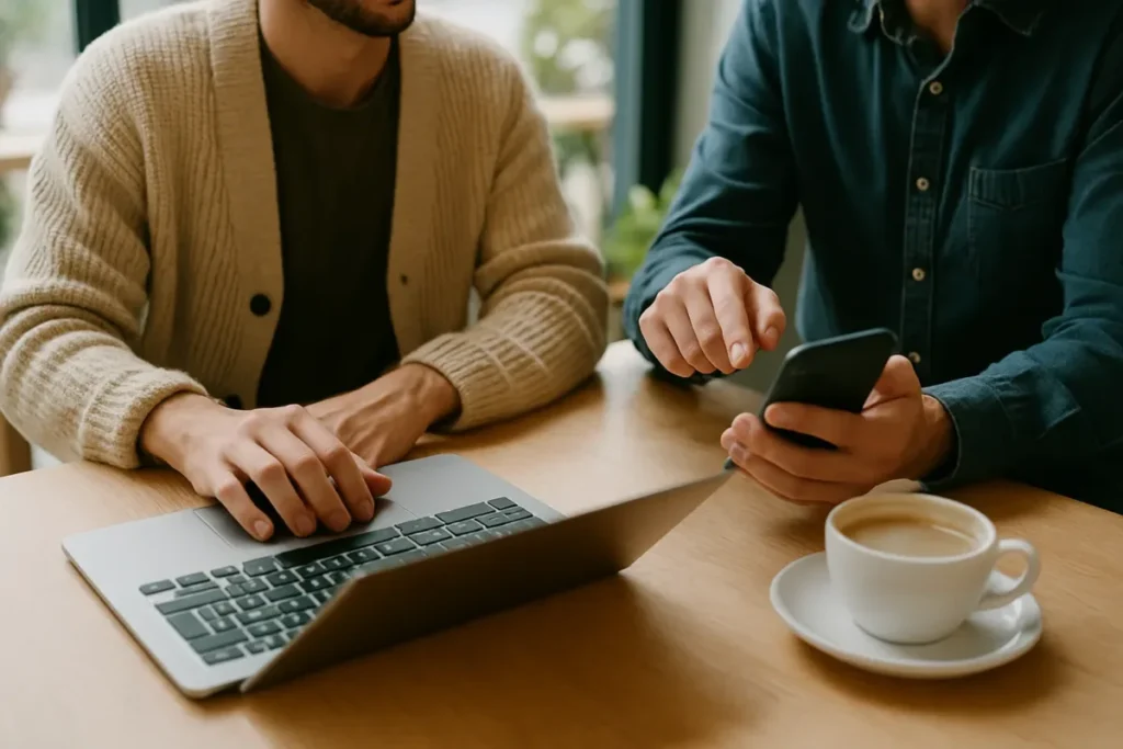 Dois criadores planejando colaboração de conteúdo para redes sociais em um café