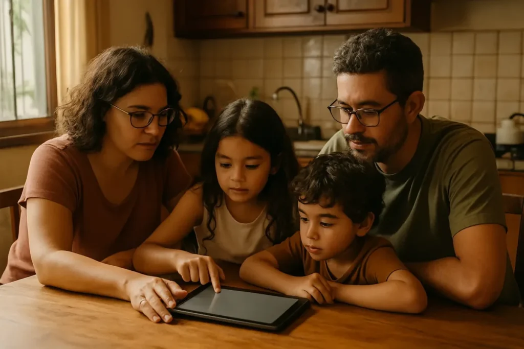 Família revisando configurações de supervisão e controle parental em tablet